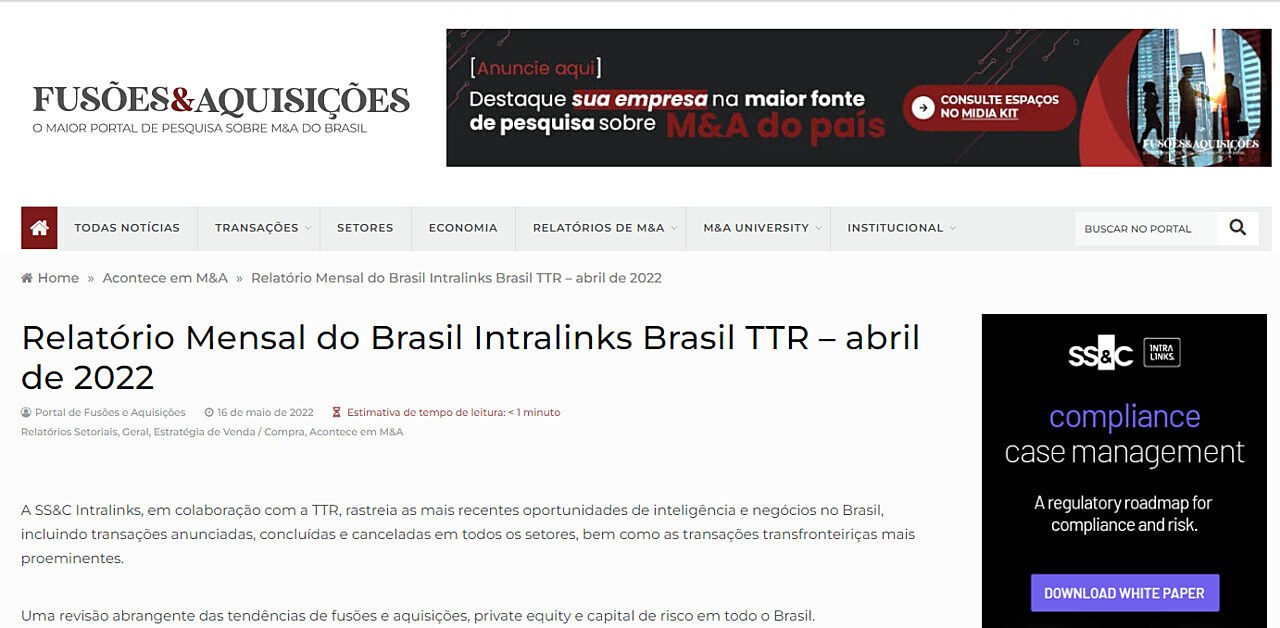 Relatrio Mensal do Brasil Intralinks Brasil TTR  abril de 2022